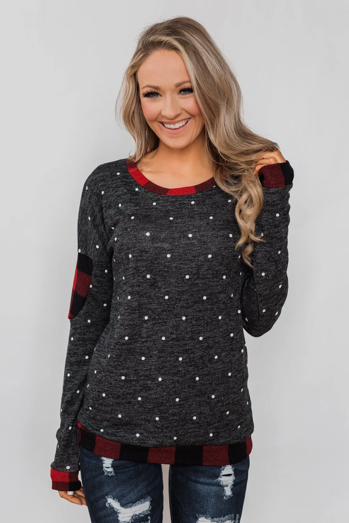 My Story Polka Dot & Buffalo Plaid Top- Charcoal