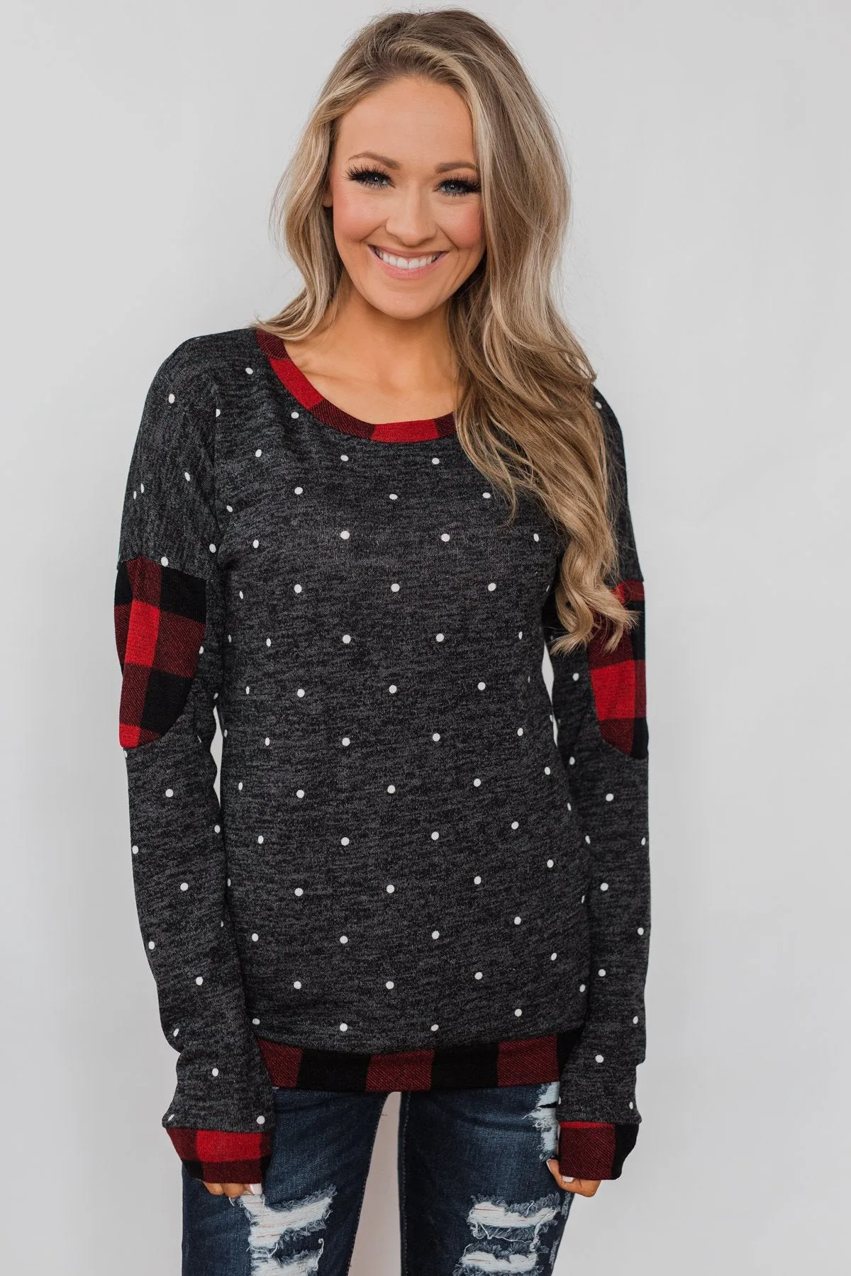 My Story Polka Dot & Buffalo Plaid Top- Charcoal