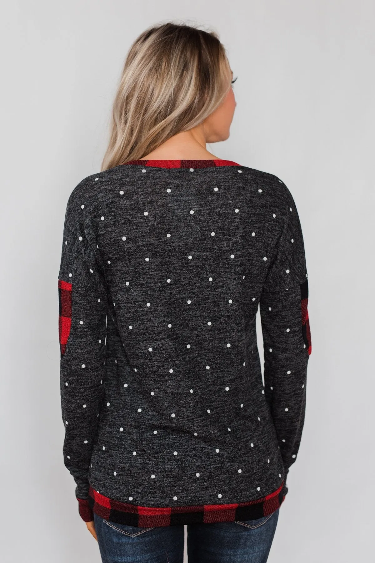 My Story Polka Dot & Buffalo Plaid Top- Charcoal