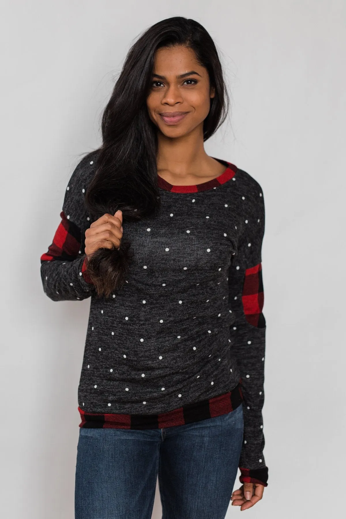 My Story Polka Dot & Buffalo Plaid Top- Charcoal