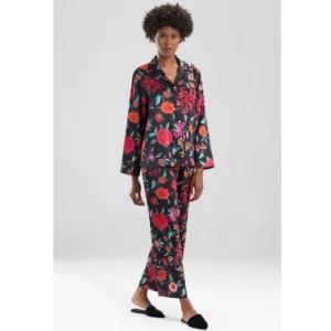 NATORI Women’s Satin Pajama Set Floral Long Sleeve Notch Collar Top Sz. Medium