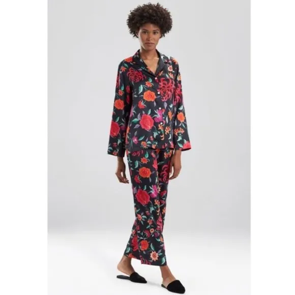 NATORI Women’s Satin Pajama Set Floral Long Sleeve Notch Collar Top Sz. Medium