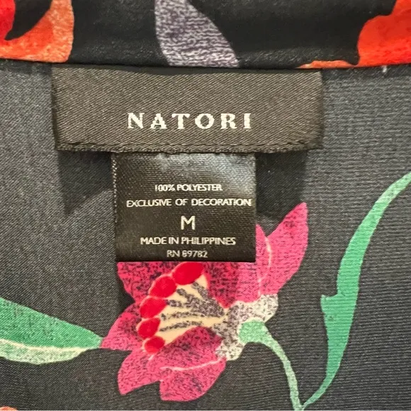 NATORI Women’s Satin Pajama Set Floral Long Sleeve Notch Collar Top Sz. Medium