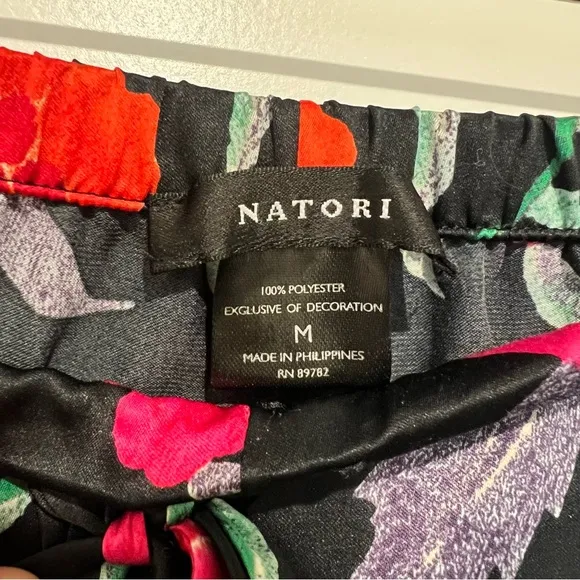 NATORI Women’s Satin Pajama Set Floral Long Sleeve Notch Collar Top Sz. Medium