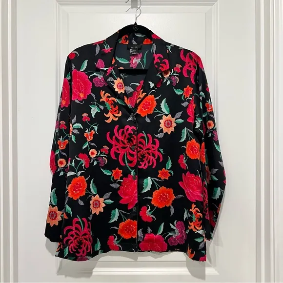 NATORI Women’s Satin Pajama Set Floral Long Sleeve Notch Collar Top Sz. Medium