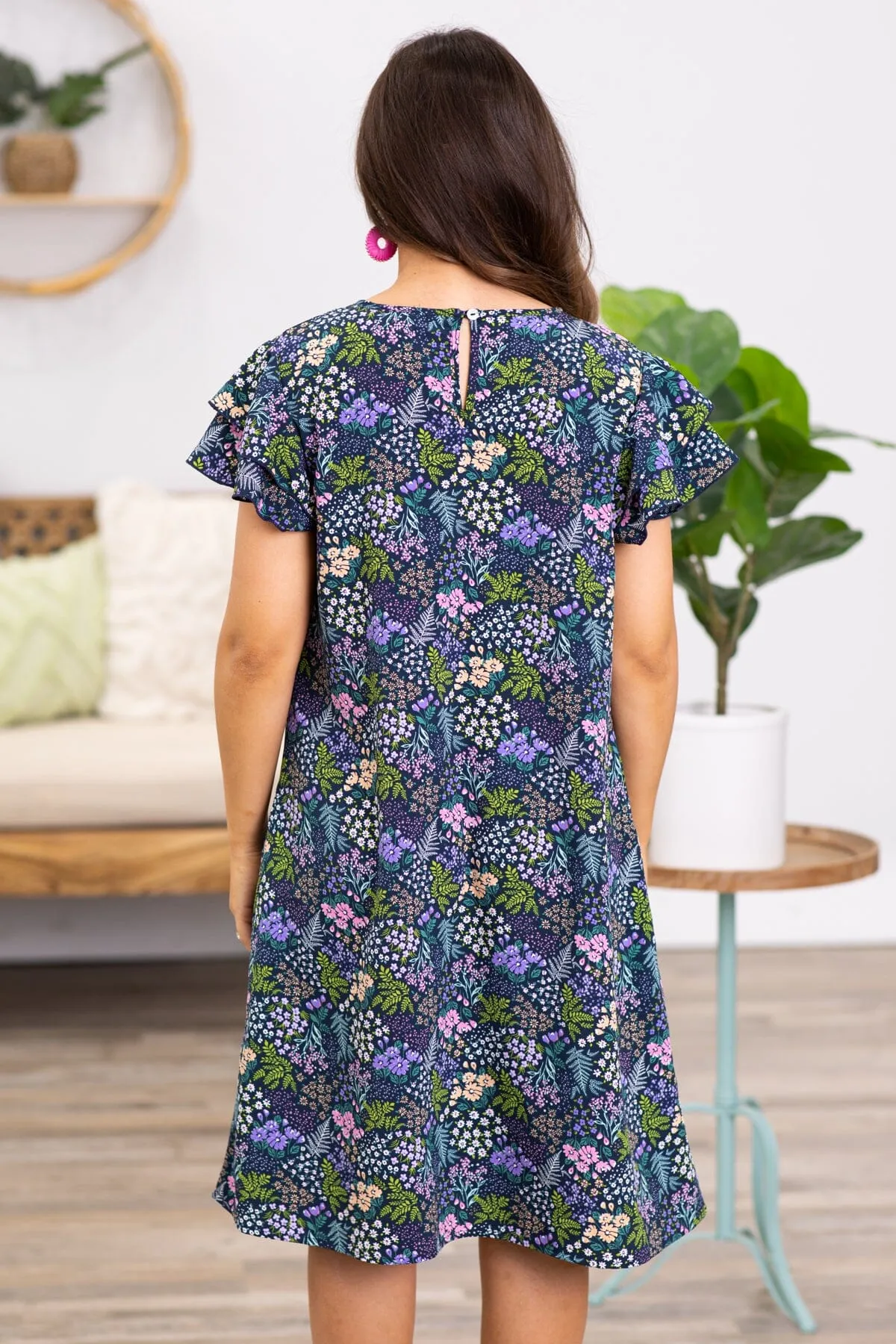 Navy and Lavender Multicolor Floral Dress