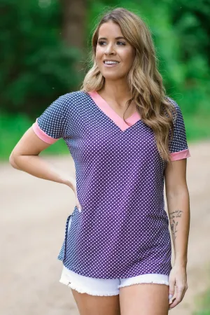 Navy and Pink Polka Dot Print V-Neck Top