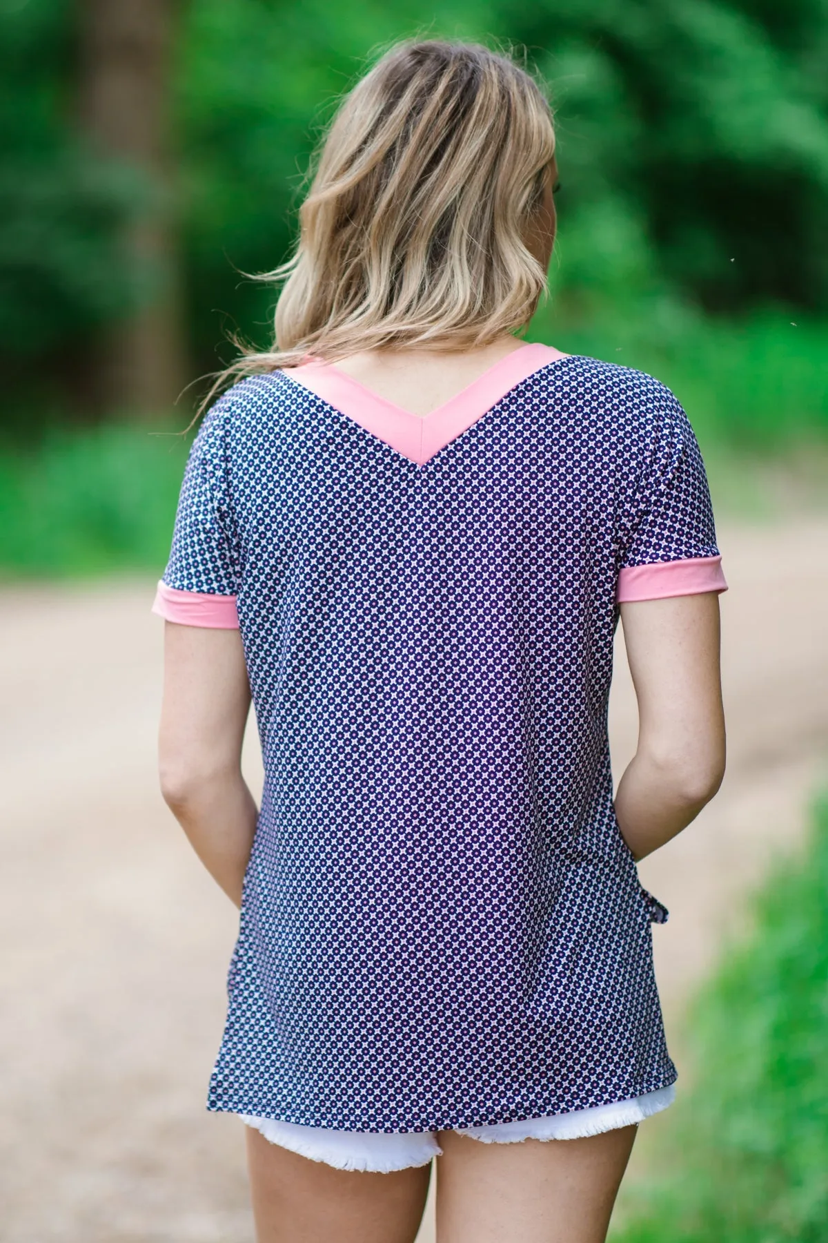 Navy and Pink Polka Dot Print V-Neck Top