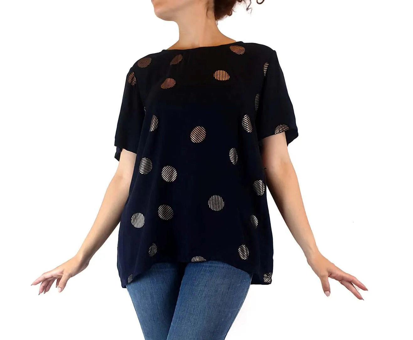 Navy top with lovely gold polka dots best fits size 10