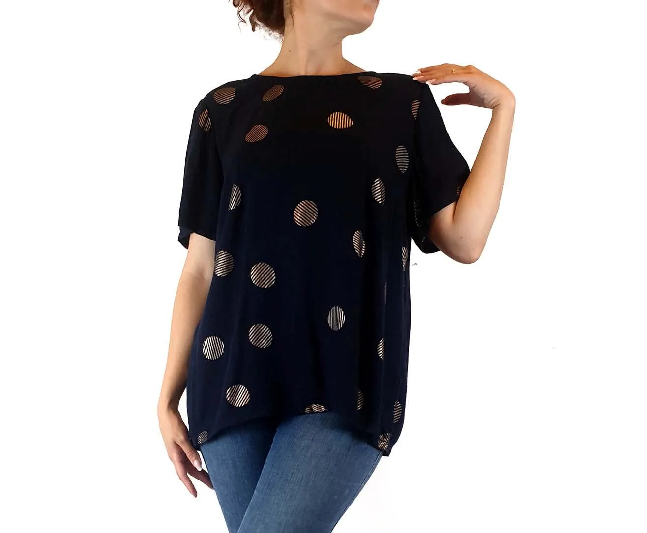 Navy top with lovely gold polka dots best fits size 10