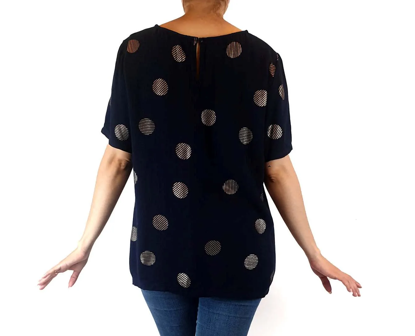 Navy top with lovely gold polka dots best fits size 10