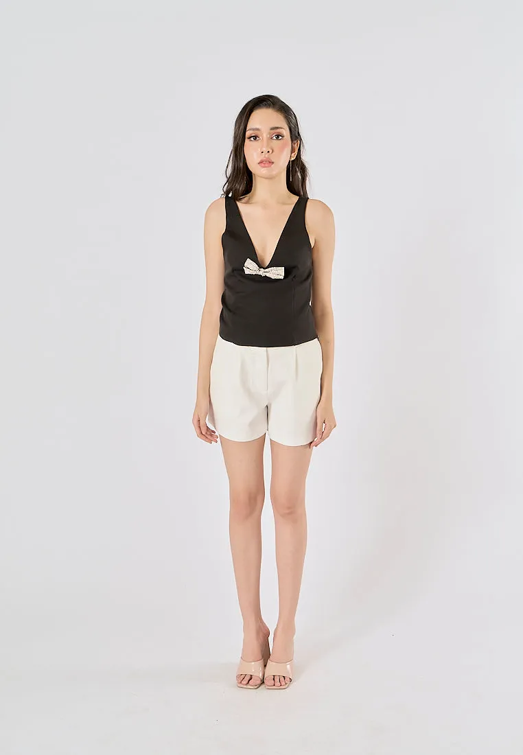 Nerys Black  Front Bow Tie W/ Beading Tank Top