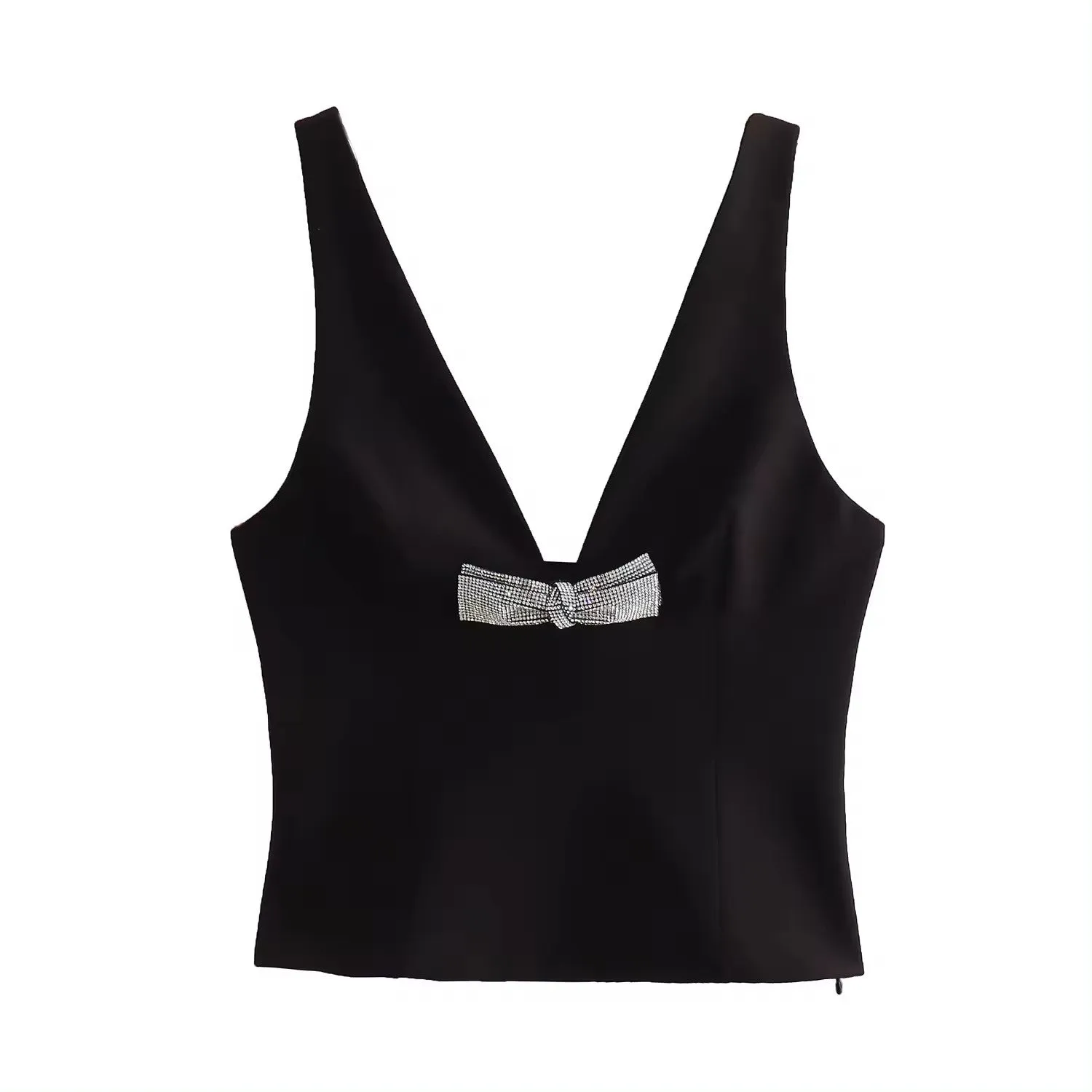 Nerys Black  Front Bow Tie W/ Beading Tank Top
