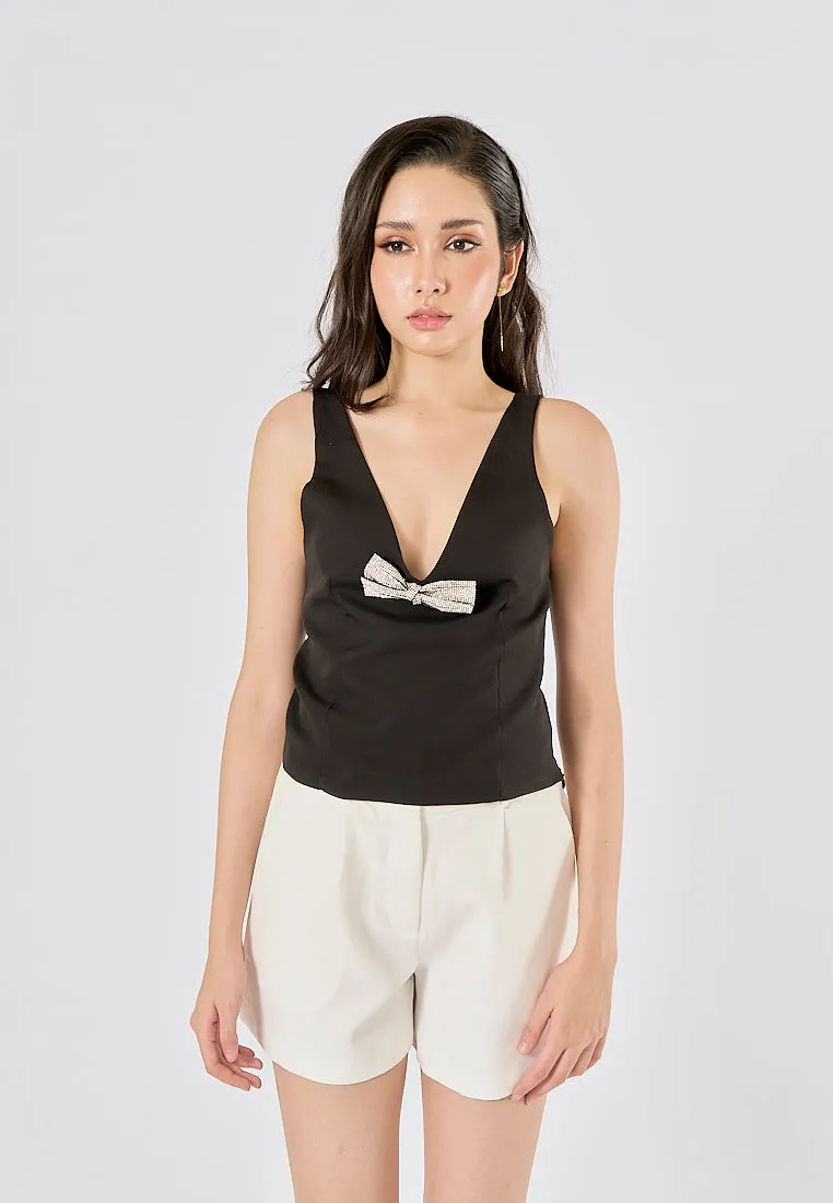 Nerys Black  Front Bow Tie W/ Beading Tank Top