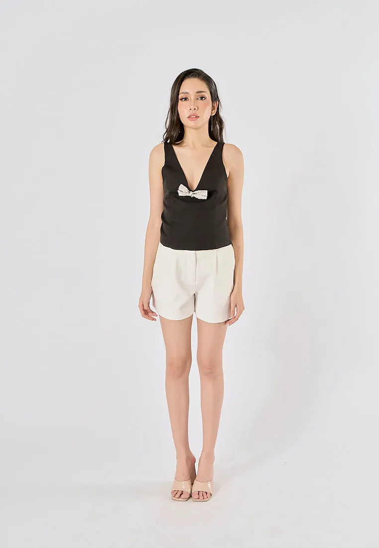 Nerys Black  Front Bow Tie W/ Beading Tank Top