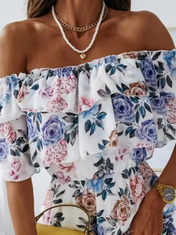 Off-Shoulder Chiffon Dress with Floral Print and Ruffled Neckline