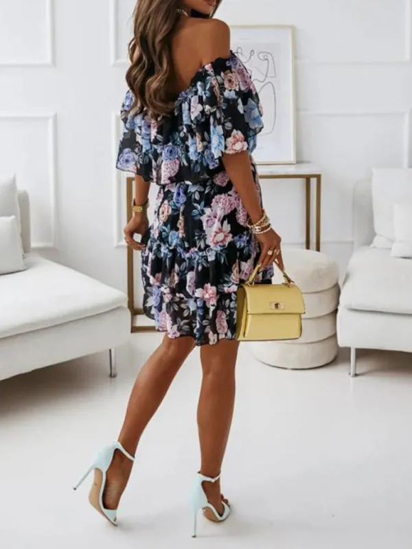 Off-Shoulder Chiffon Dress with Floral Print and Ruffled Neckline