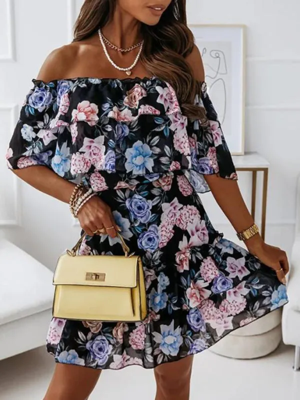 Off-Shoulder Chiffon Dress with Floral Print and Ruffled Neckline