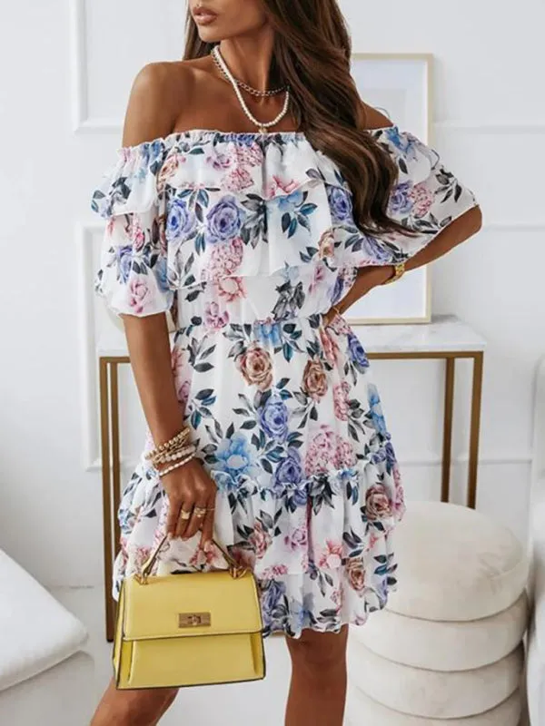 Off-Shoulder Chiffon Dress with Floral Print and Ruffled Neckline