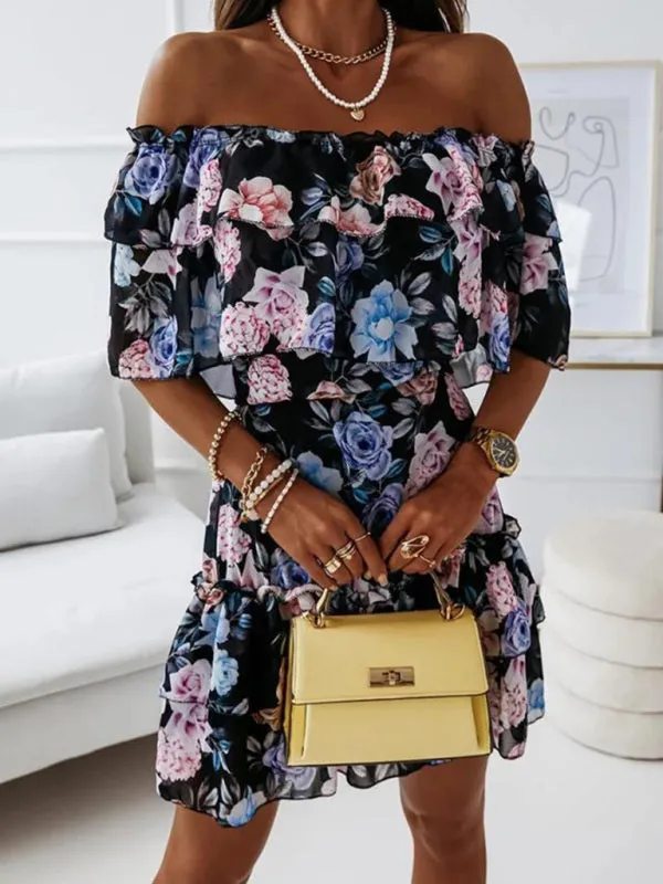 Off-Shoulder Chiffon Dress with Floral Print and Ruffled Neckline