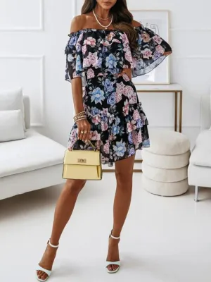 Off-Shoulder Chiffon Dress with Floral Print and Ruffled Neckline
