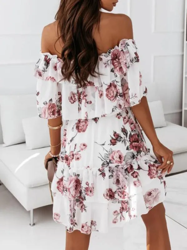 Off-Shoulder Chiffon Dress with Floral Print and Ruffled Neckline