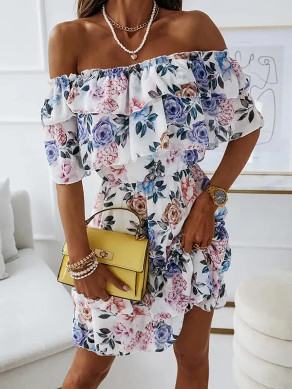Off-Shoulder Chiffon Dress with Floral Print and Ruffled Neckline
