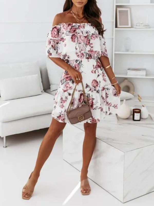 Off-Shoulder Chiffon Dress with Floral Print and Ruffled Neckline