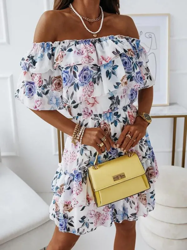 Off-Shoulder Chiffon Dress with Floral Print and Ruffled Neckline