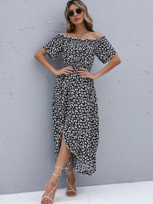 Off-Shoulder Floral Print Midi Dress with High-Low Hem