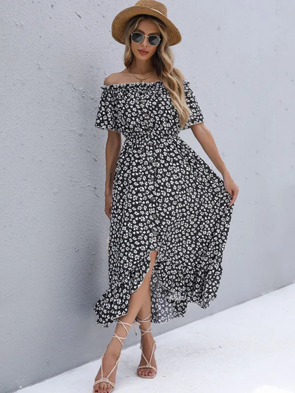 Off-Shoulder Floral Print Midi Dress with High-Low Hem