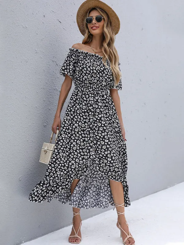 Off-Shoulder Floral Print Midi Dress with High-Low Hem