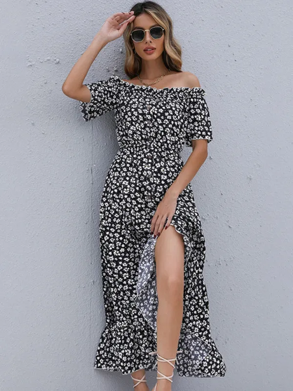 Off-Shoulder Floral Print Midi Dress with High-Low Hem