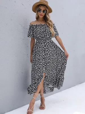 Off-Shoulder Floral Print Midi Dress with High-Low Hem