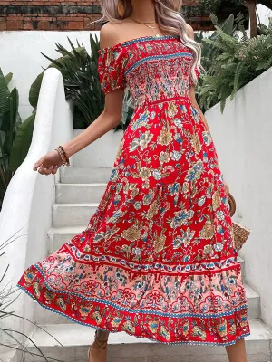 Off-Shoulder Maxi Dress with Floral Print and Smocked Bodice