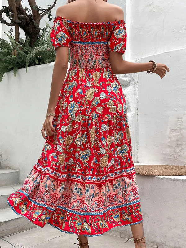 Off-Shoulder Maxi Dress with Floral Print and Smocked Bodice