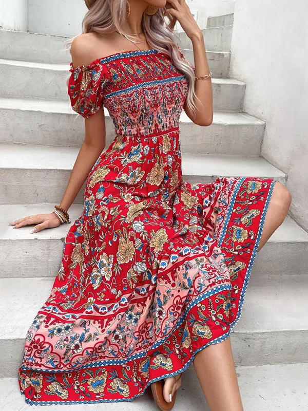 Off-Shoulder Maxi Dress with Floral Print and Smocked Bodice