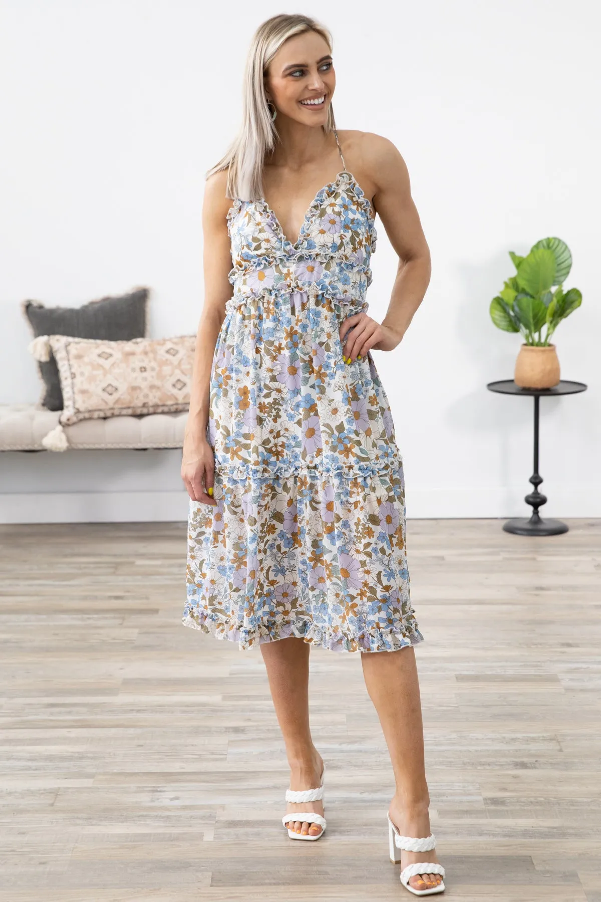 Off White Multicolor Floral Ruffle Trim Dress