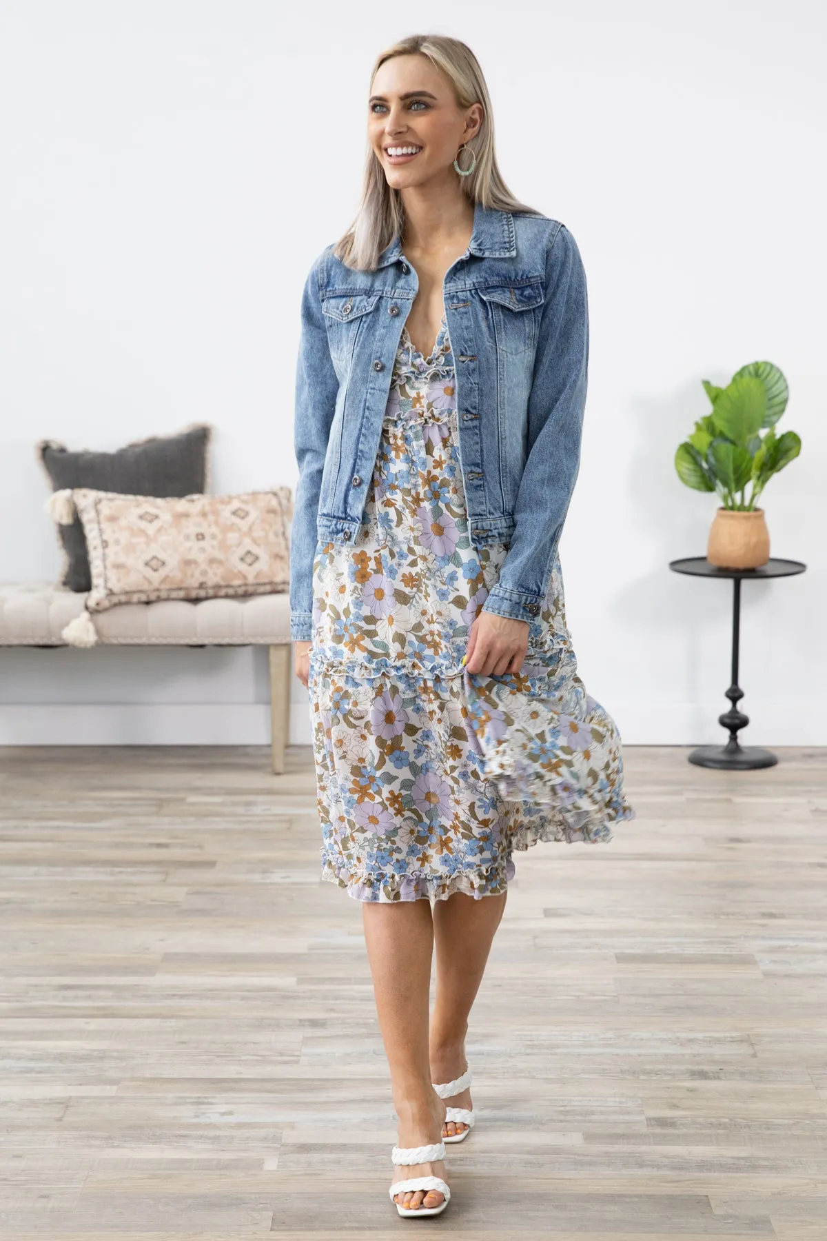 Off White Multicolor Floral Ruffle Trim Dress