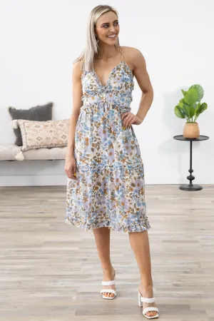 Off White Multicolor Floral Ruffle Trim Dress