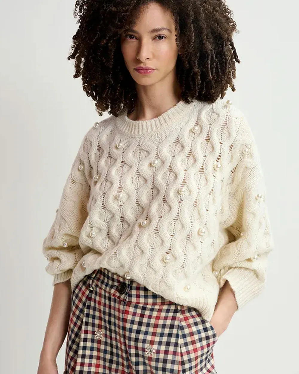 Off White Pearl Embellished Cable Knitted Sweater