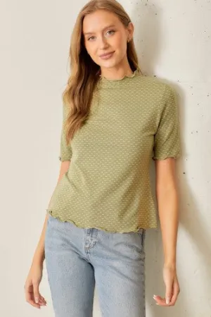 Olive Dot Textured Lettuce Hem Top