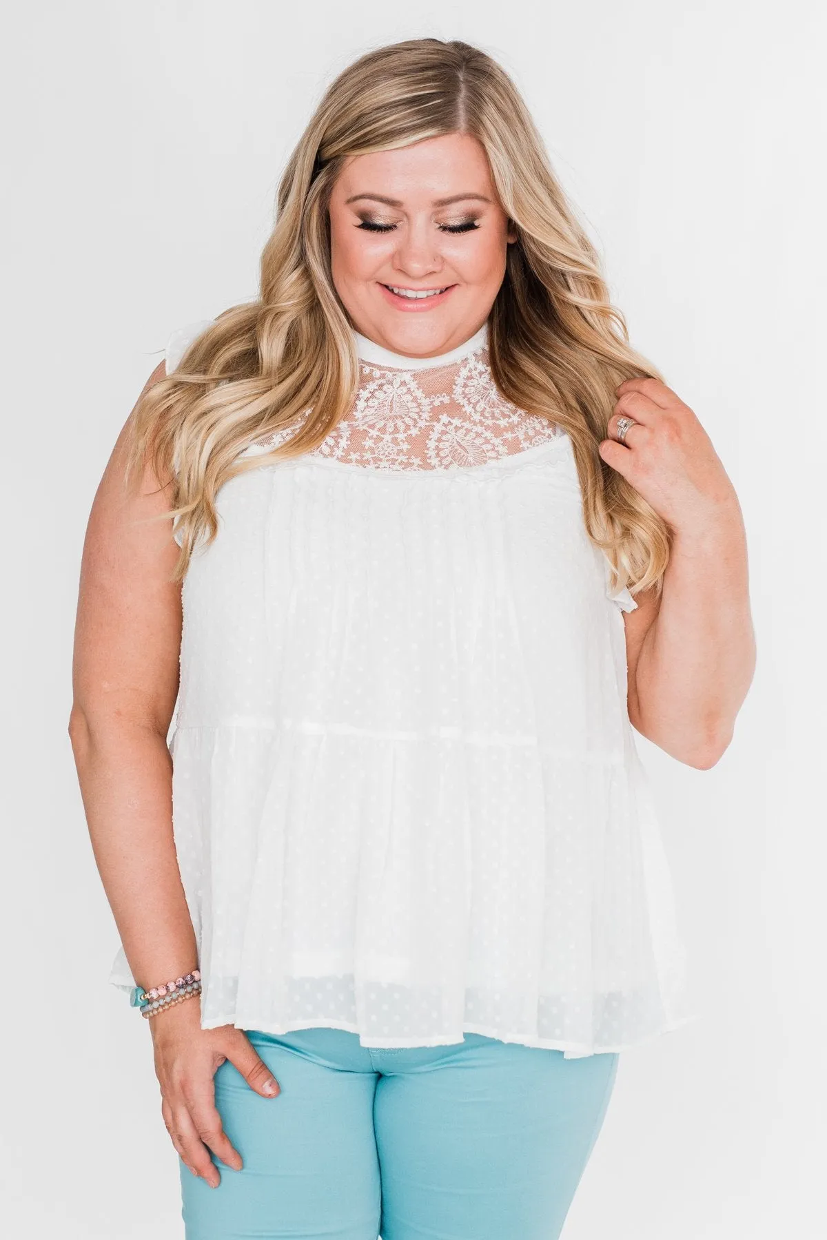 One & Only Lace Detail Sleeveless Top- White