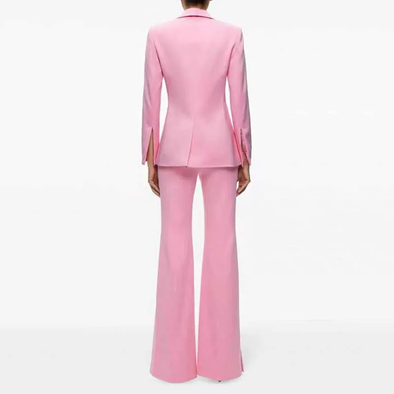 One Button Pink Blazer Mid Rise Flare Leg Split Pantsuit