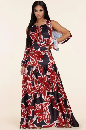 OPEN SLEEVE MAXI DRESS IN RED AND BLACK FLORAL PRINT