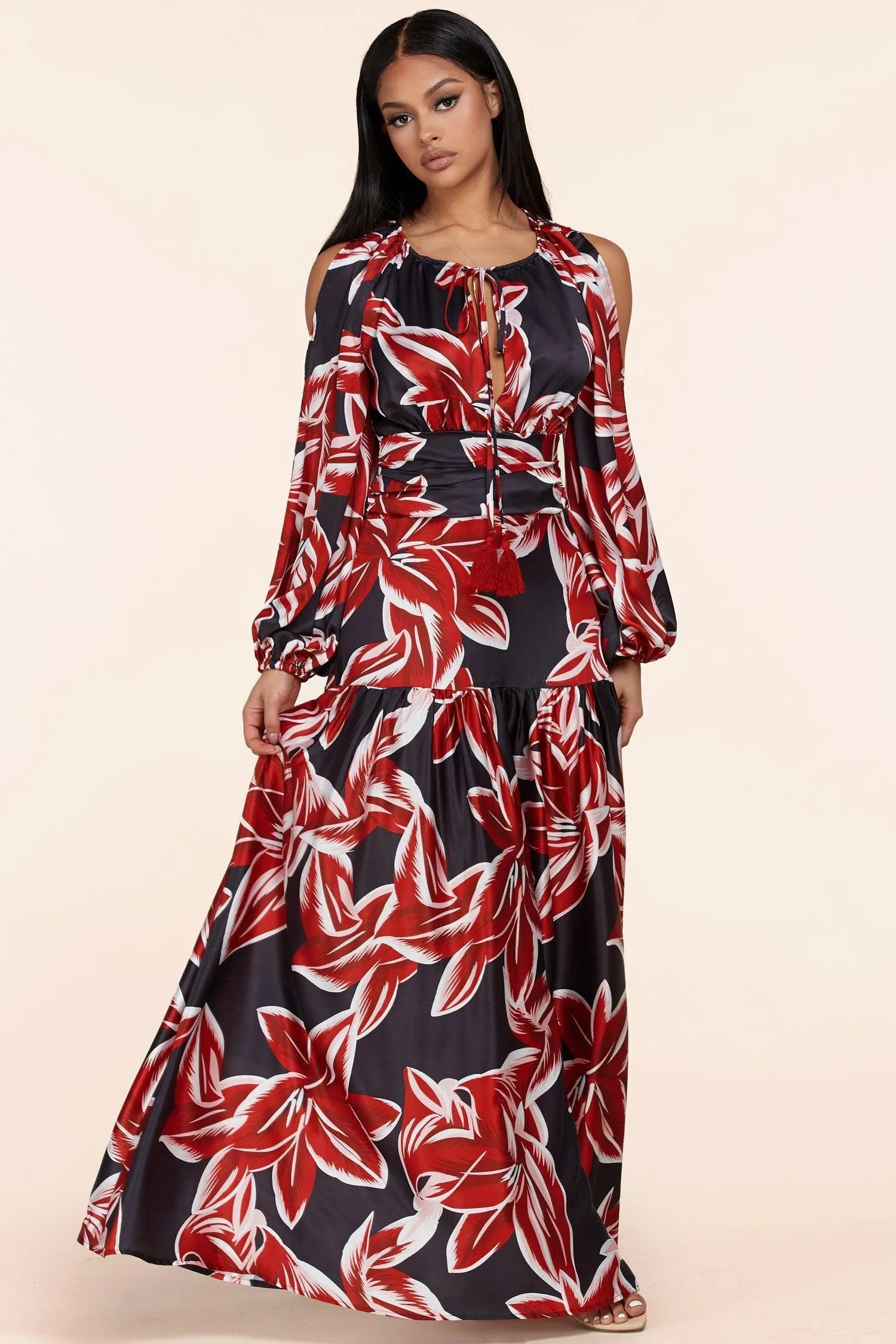 OPEN SLEEVE MAXI DRESS IN RED AND BLACK FLORAL PRINT