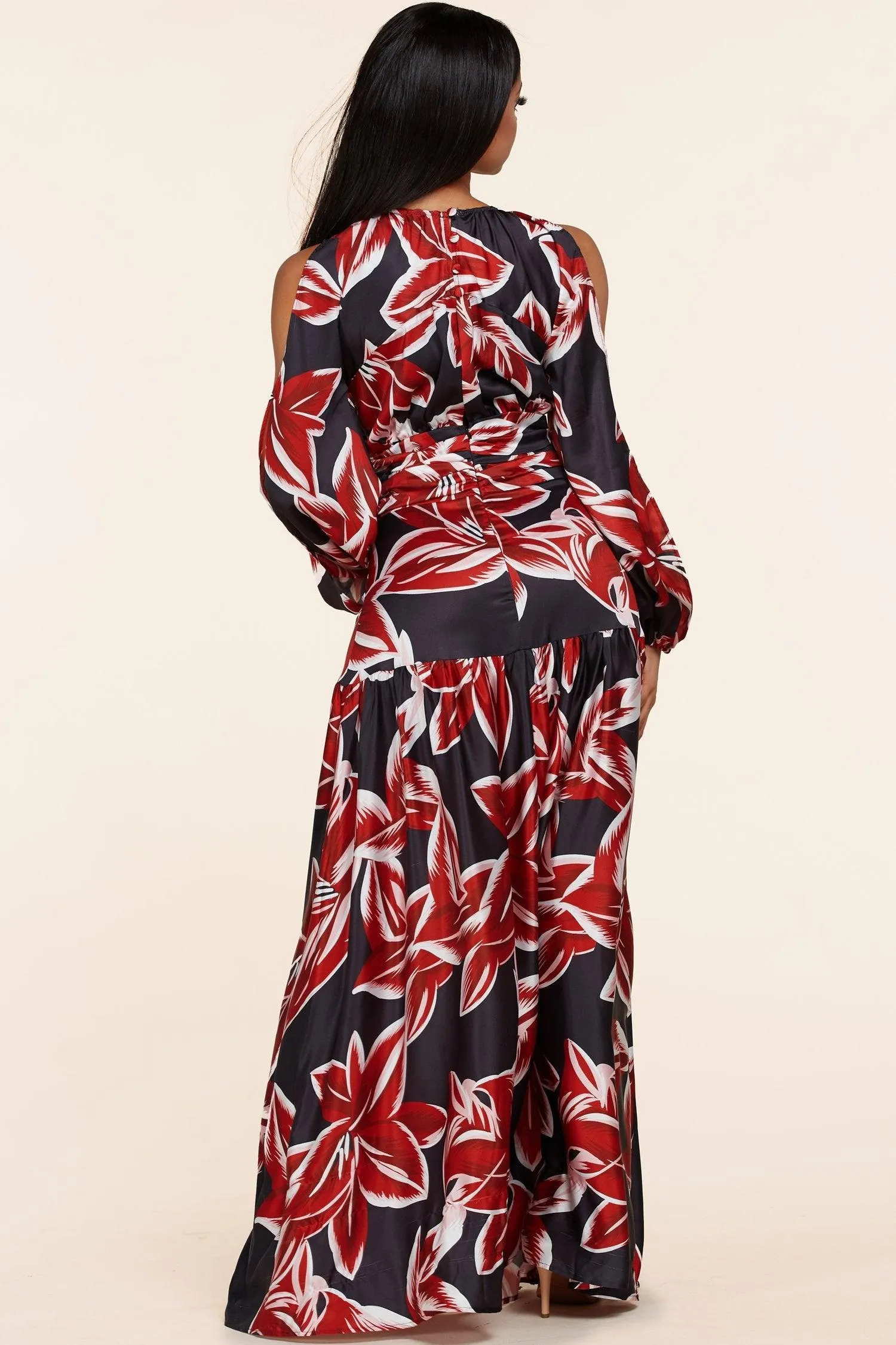 OPEN SLEEVE MAXI DRESS IN RED AND BLACK FLORAL PRINT