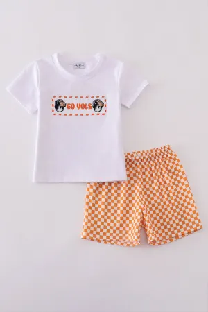 Orange Tennessee GO VOLS embroidery smocked checkered shorts set