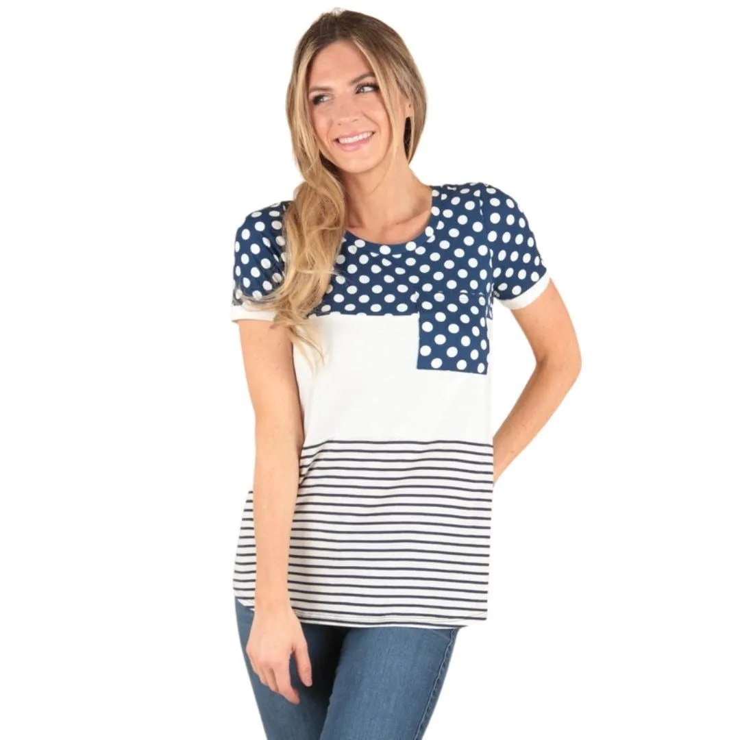 P. S KATE Navy Polka Dot Color Block Short Sleeve Top P14763