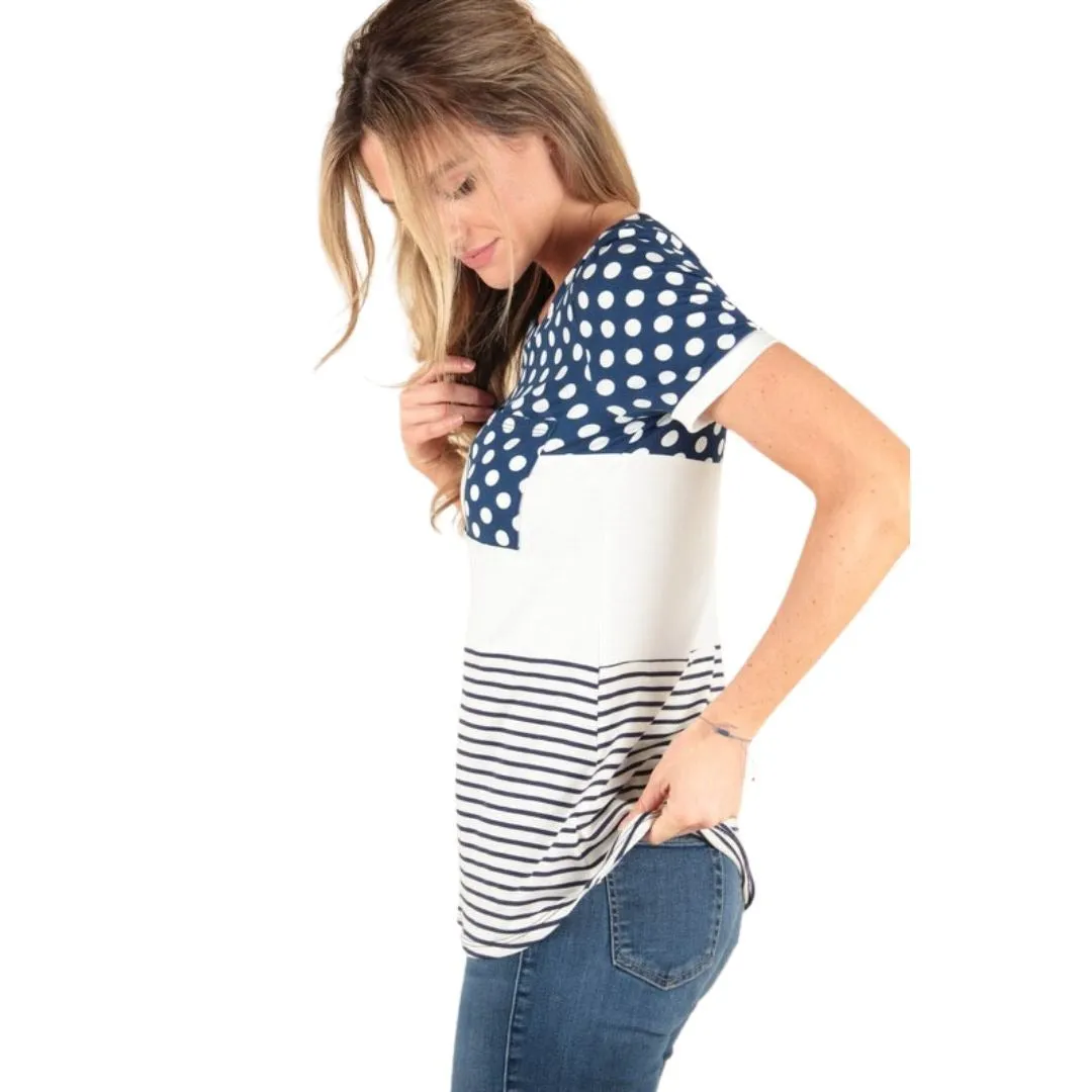 P. S KATE Navy Polka Dot Color Block Short Sleeve Top P14763